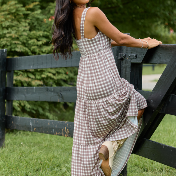 Time For Something Gingham Knit Maxi Dress Taupe