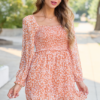 Gloria Orange Floral Printed Long Sleeve Mini Dress