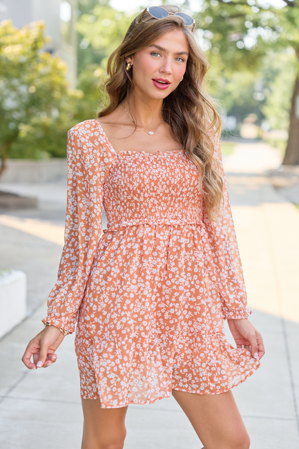 Gloria Orange Floral Printed Long Sleeve Mini Dress