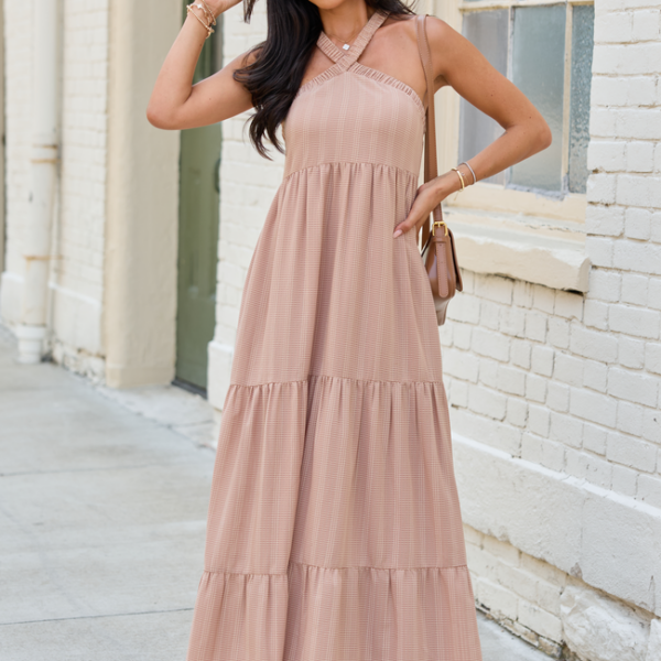 Crystal Taupe Halter Maxi Dress
