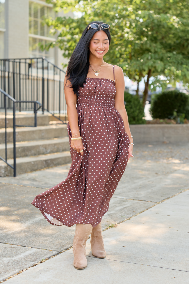 Lovingly Yours Polka Dot Midi Dress Brown