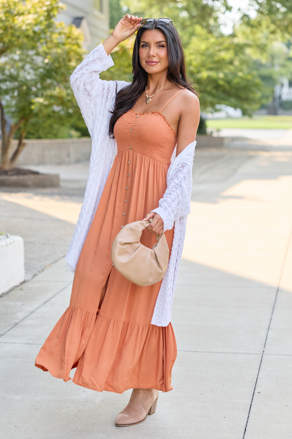 Blooming Beauty Solid Button Up Midi Dress Rust