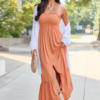 Blooming Beauty Solid Button Up Midi Dress Rust