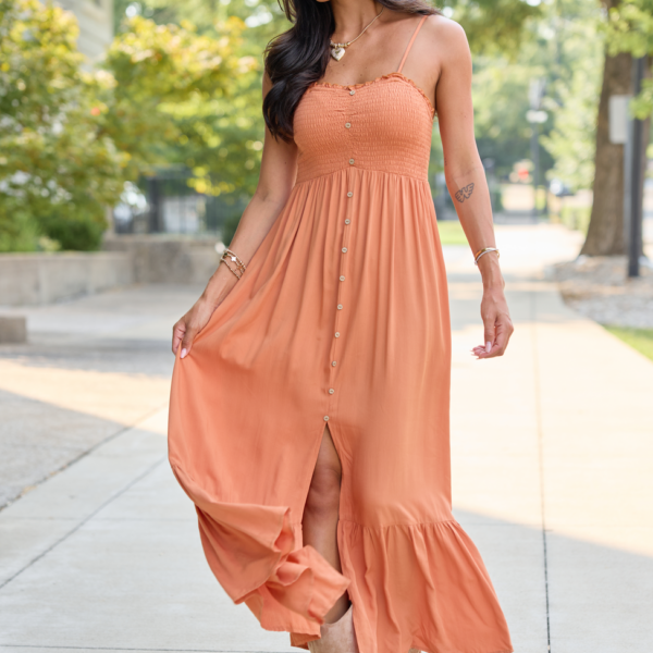 Blooming Beauty Solid Button Up Midi Dress Rust