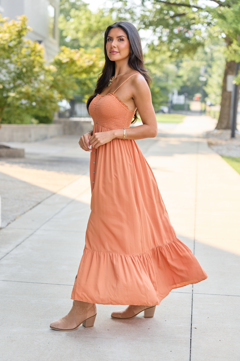 Blooming Beauty Solid Button Up Midi Dress Rust