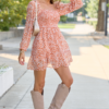 Gloria Orange Floral Printed Long Sleeve Mini Dress