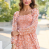 Gloria Orange Floral Printed Long Sleeve Mini Dress