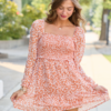Gloria Orange Floral Printed Long Sleeve Mini Dress