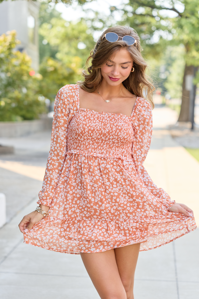 Gloria Orange Floral Printed Long Sleeve Mini Dress
