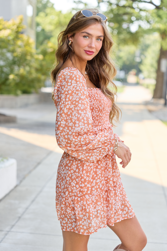 Gloria Orange Floral Printed Long Sleeve Mini Dress