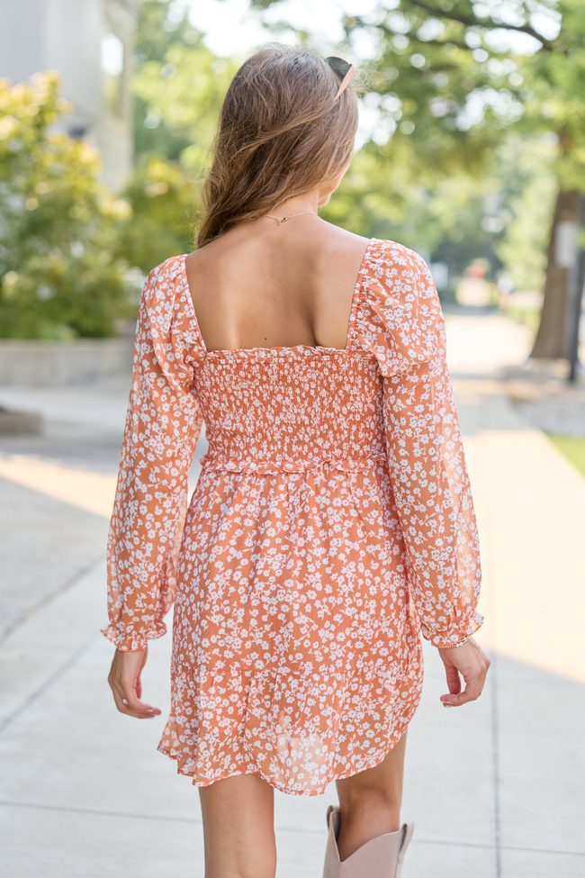 Gloria Orange Floral Printed Long Sleeve Mini Dress